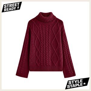 Oversized Chunky Cable Knit Turtleneck Pullover Sweater Women Winter